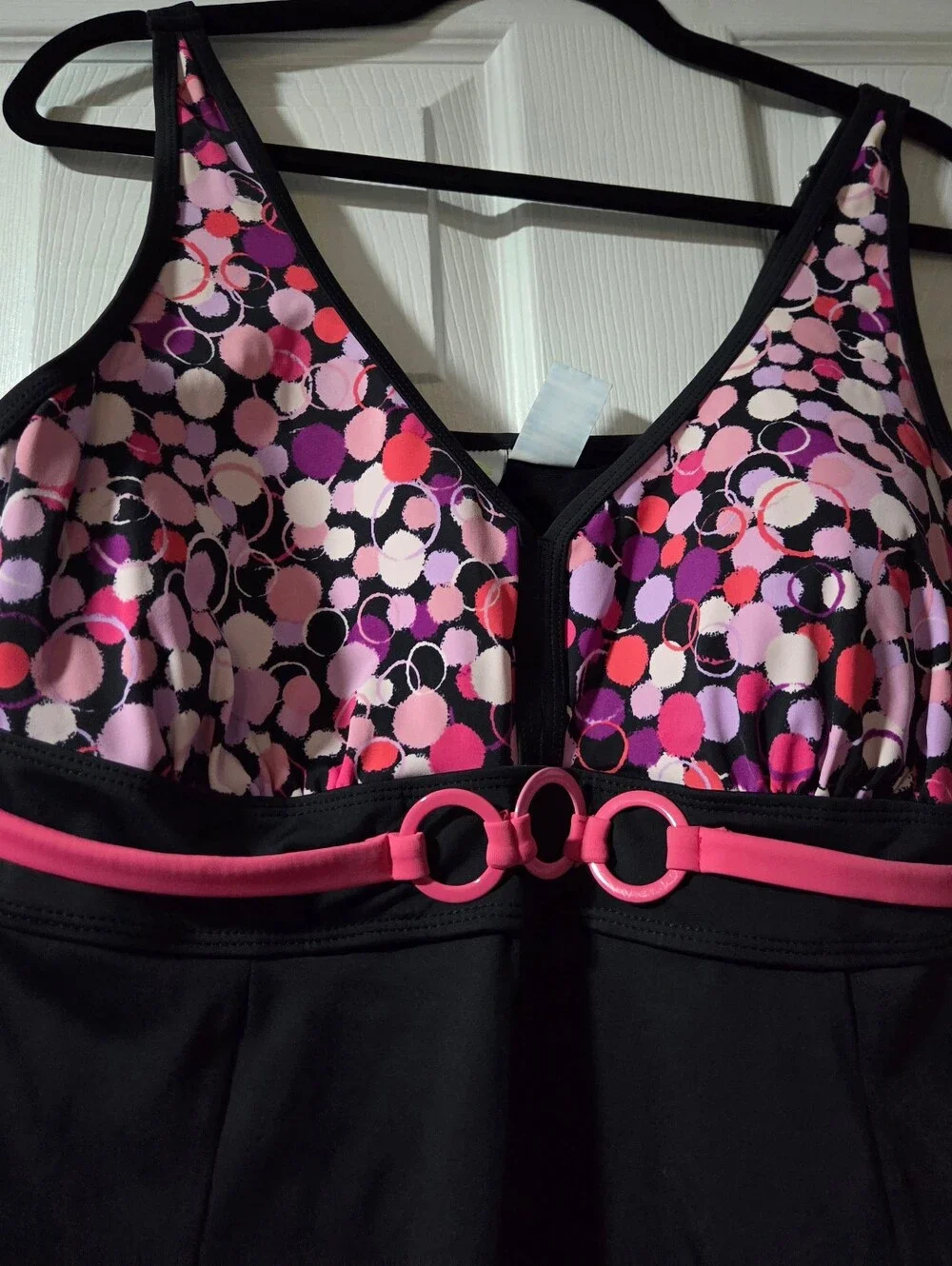 Black One-Piece Swimdress with Pink Polka Dot Bodice